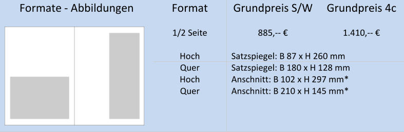 Formate  -   Abbildungen   Format   Grundpreis S/W   Grundpreis 4c             1/ 2   Seite   885 , --   €   1 . 410 , --   €         Hoch   Satzspiegel: B 87 x H 260 mm   Quer   Satzspiegel: B 180 x H 128 mm   Hoch   Anschnitt: B 102 x H 297 mm*   Quer   Anschnitt: B 210 x H 145 mm*